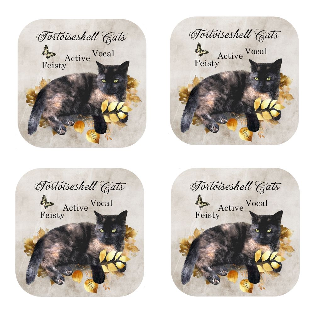Set Of 4 - Tortie Cat - Cork Backed Coasters