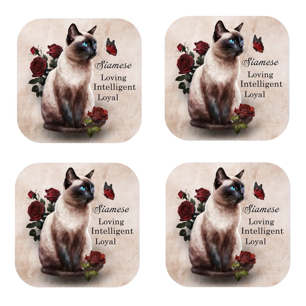 Set Of 4 - Siamese Cat Cork Backed Coasters