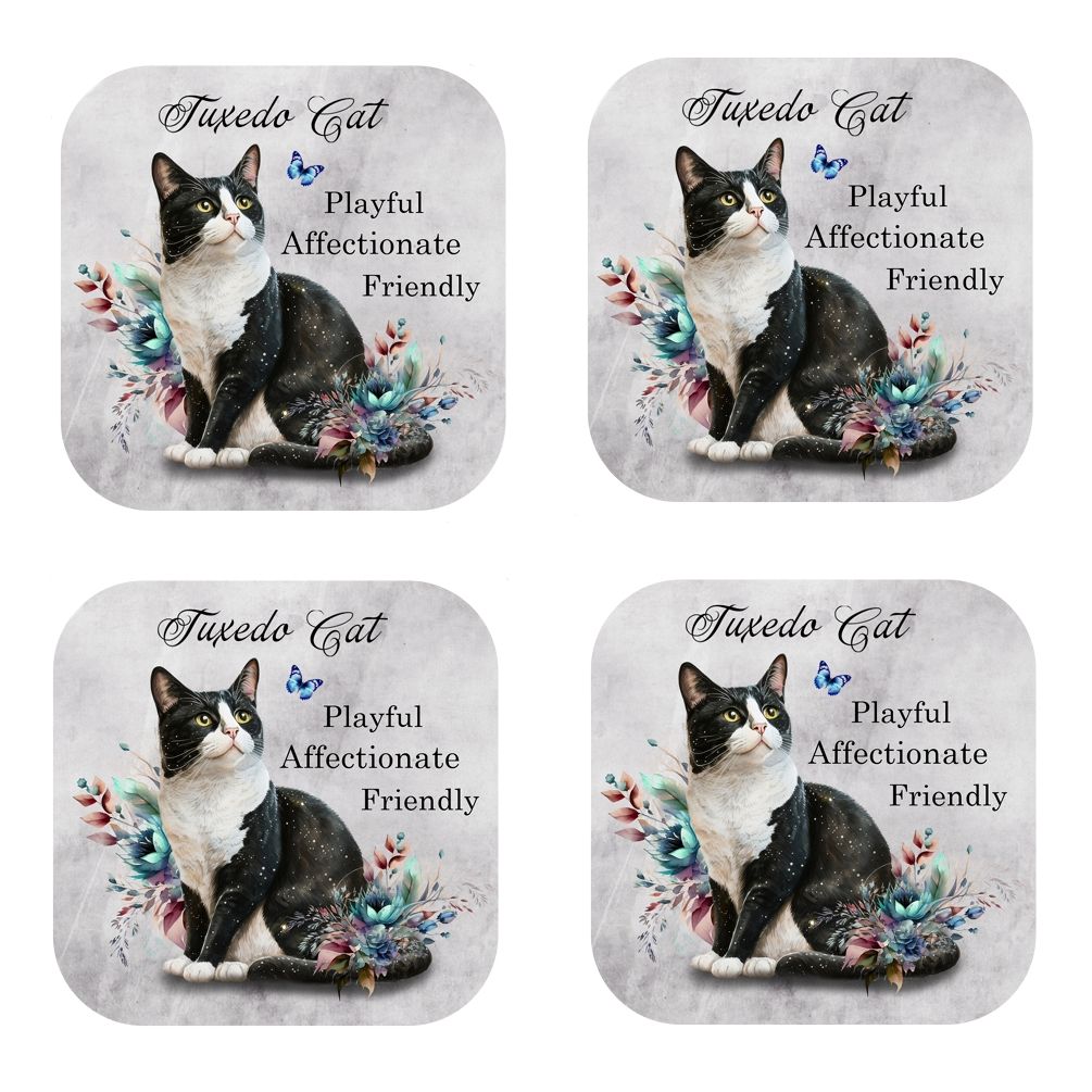 Set Of 4 - Tuxedo Cat Cork Backed Coasters