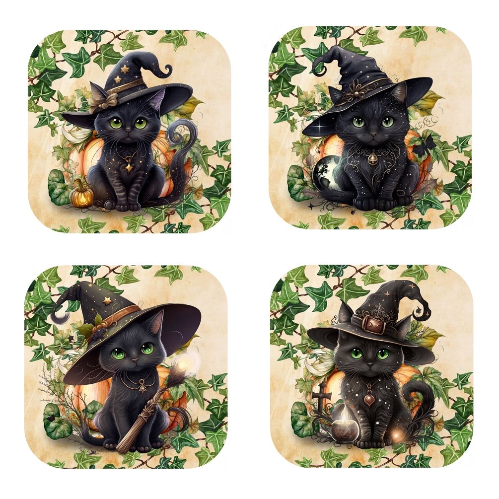 Set Of 4 - Witches Cats in Hats - Cork Backed Coasters