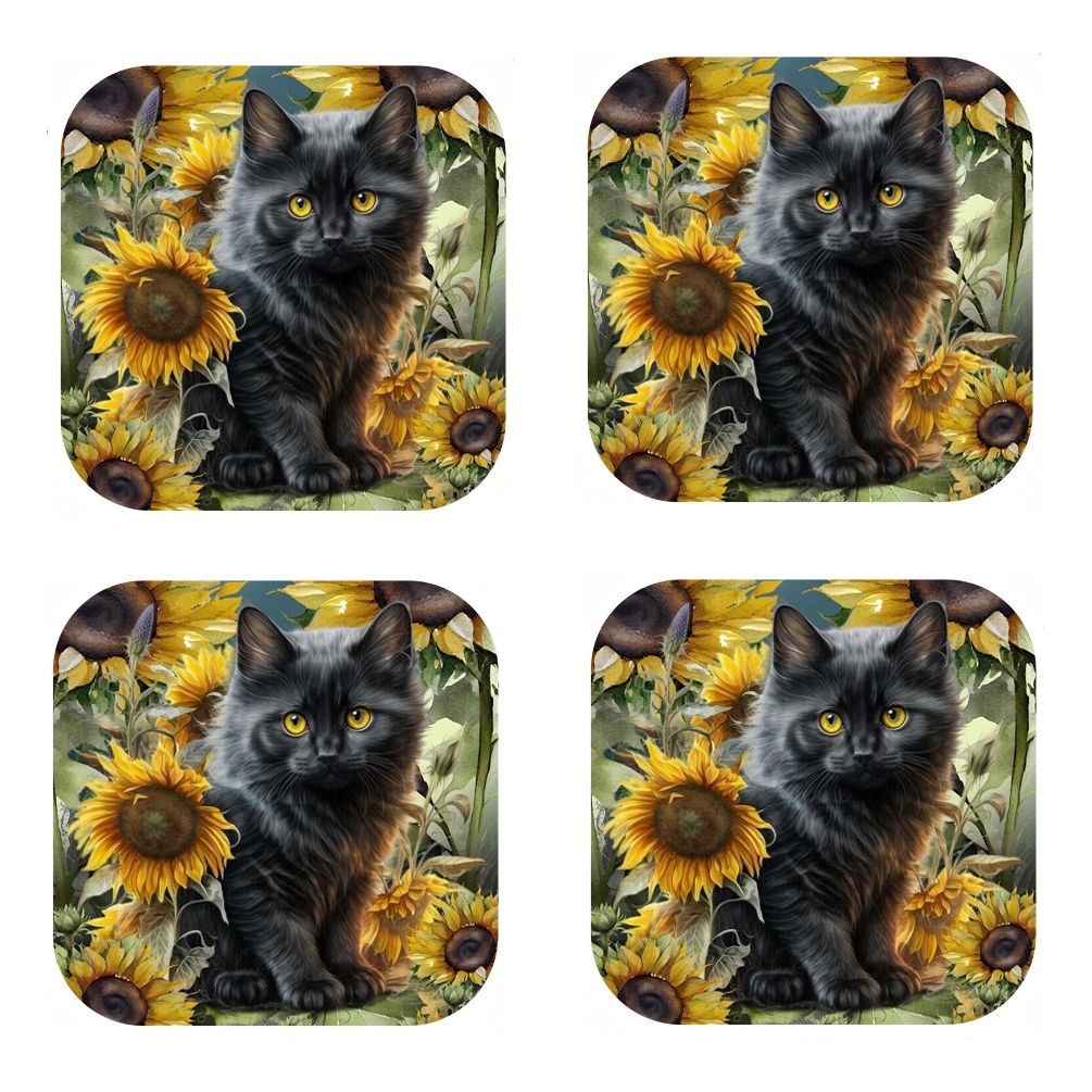Set Of 4 - Black Kitten & Sunflowers Cork Backed Coasters