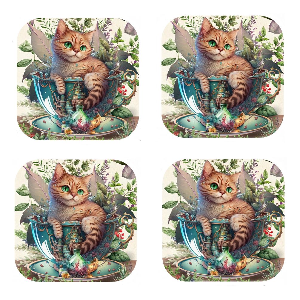 Set Of 4 - Ginger Kitten In Tea Cup Cork Backed Coasters