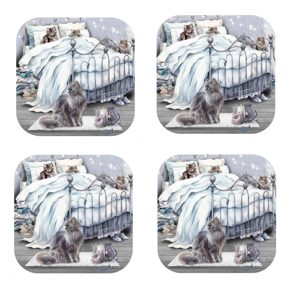 Set Of 4 - Bedtime Buddies - Cat & Kittens Cork Backed Coasters