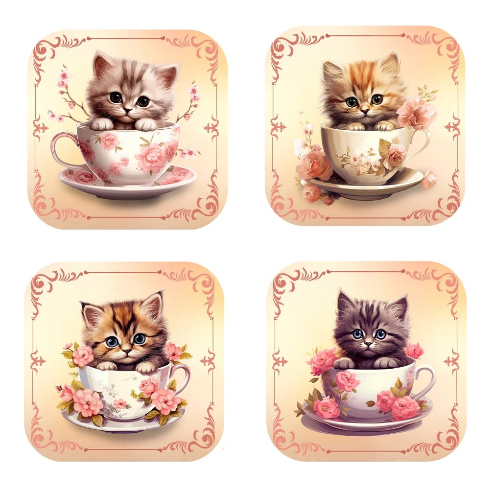 Set Of 4 - Kittens in Tea Cups Cork Backed Coasters