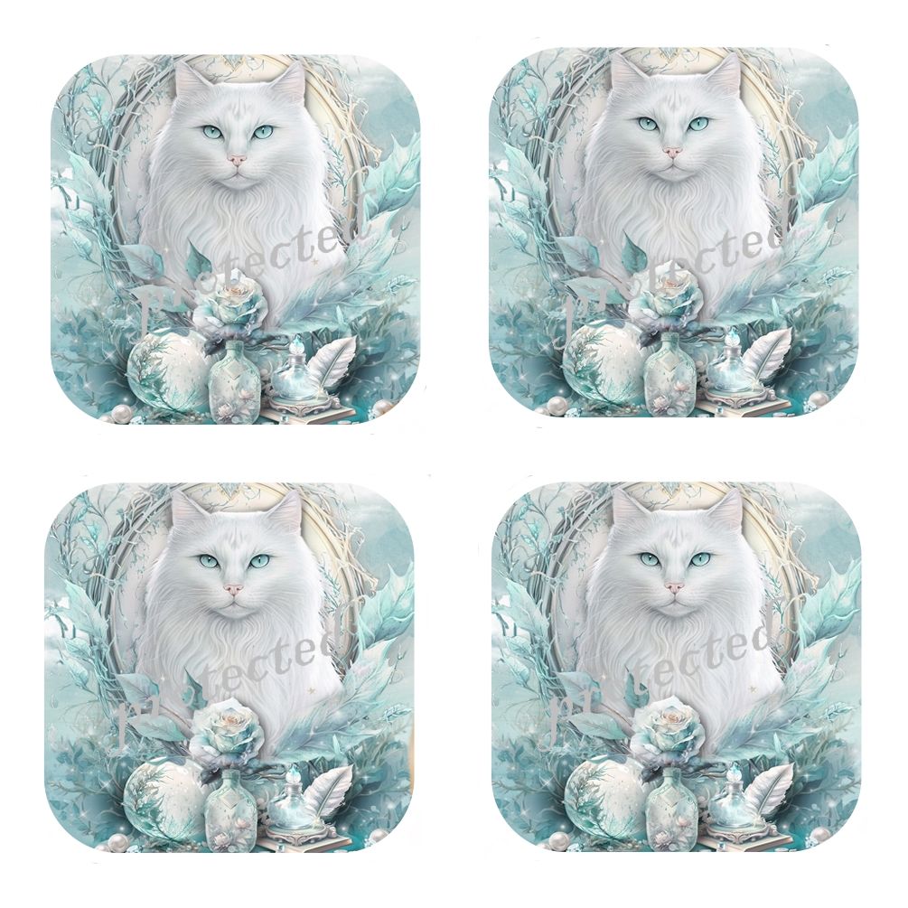 Set Of 4 - Cyan Dream Cat - Cork Backed Coasters