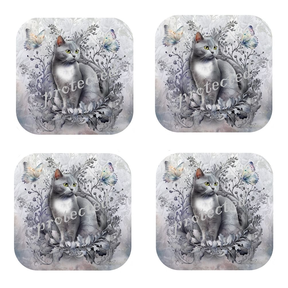 Set Of 4 - Grey Cat - Cork Backed Coasters