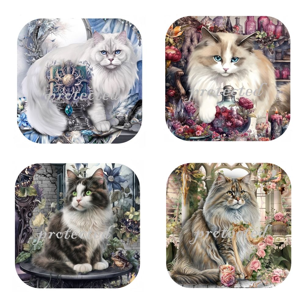 Set Of 4 - Royal Fluffy Cats - Cork Backed Coasters