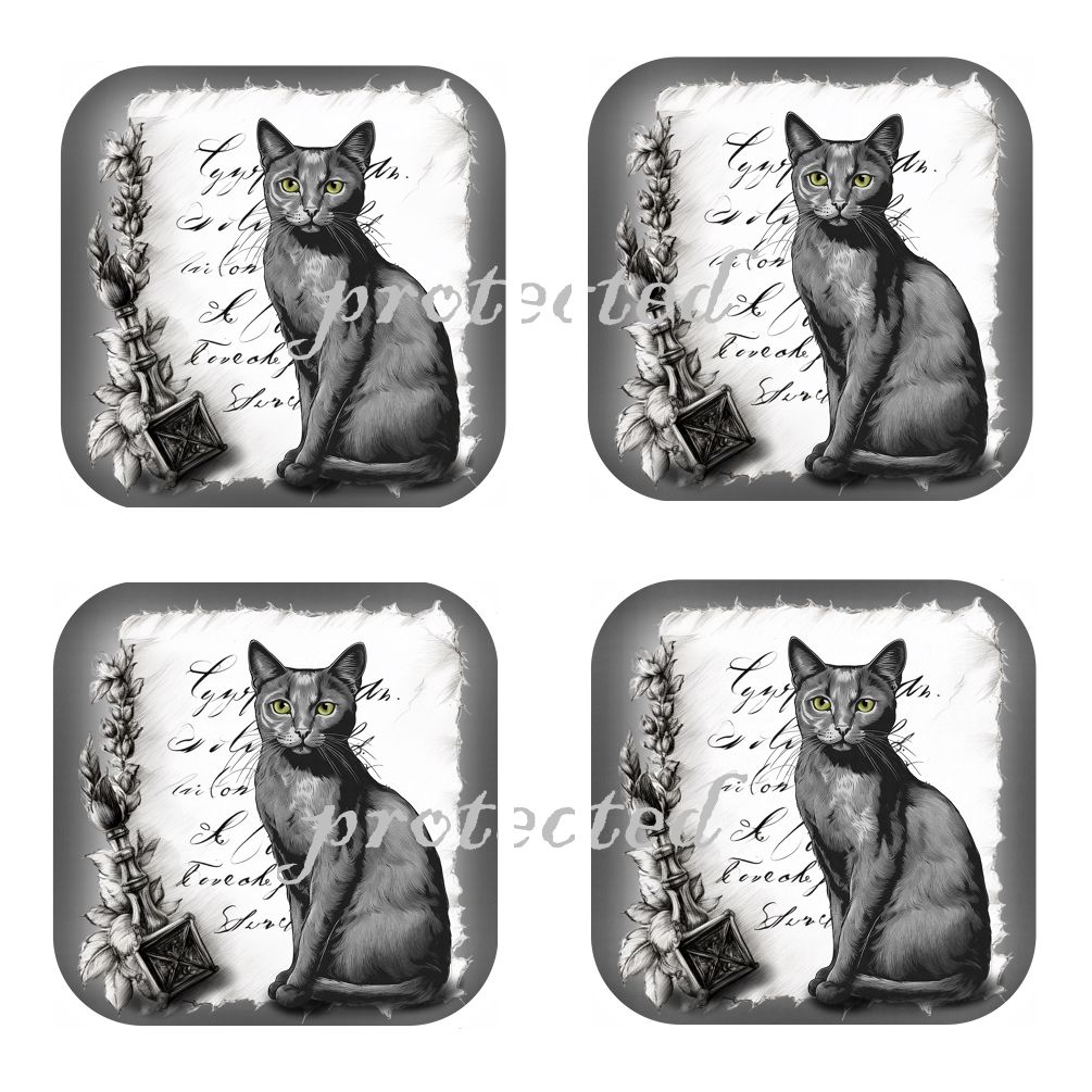 Set Of 4 - Vintage Love Letter Cat - Cork Backed Coasters