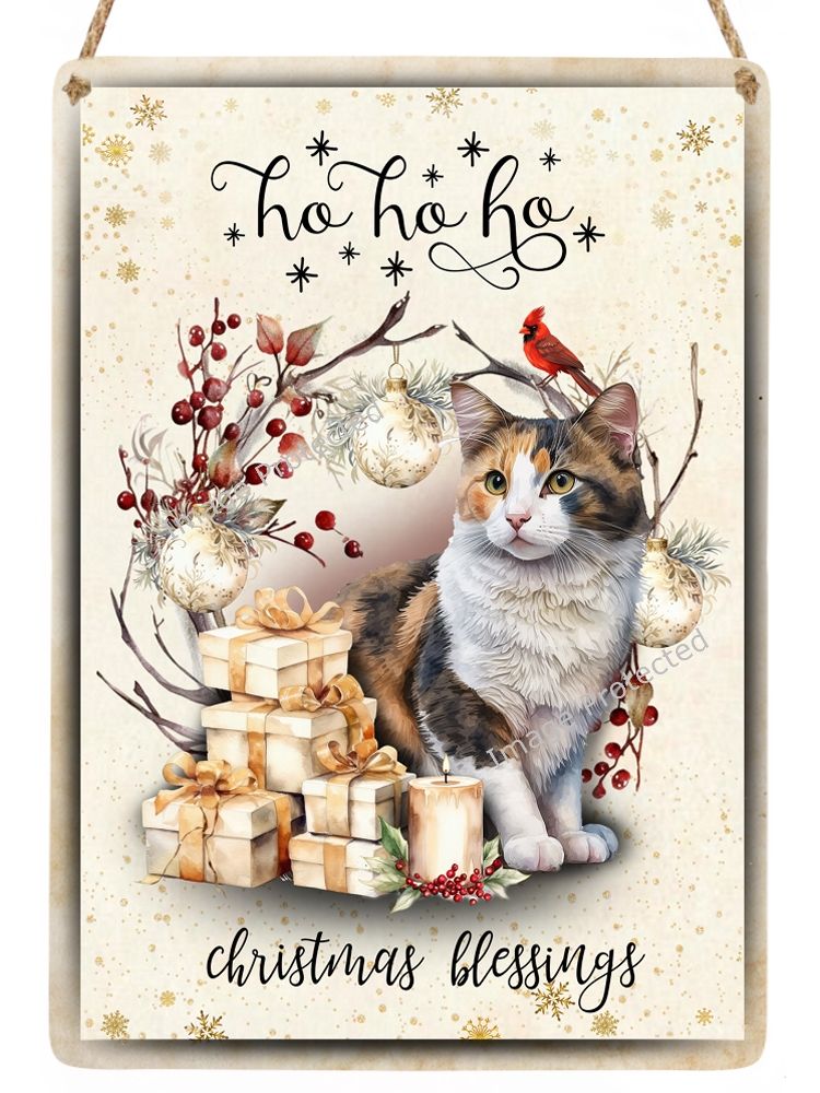 Christmas Cat Sign - Calico Cat - Ho, Ho, Ho Christmas Blessings