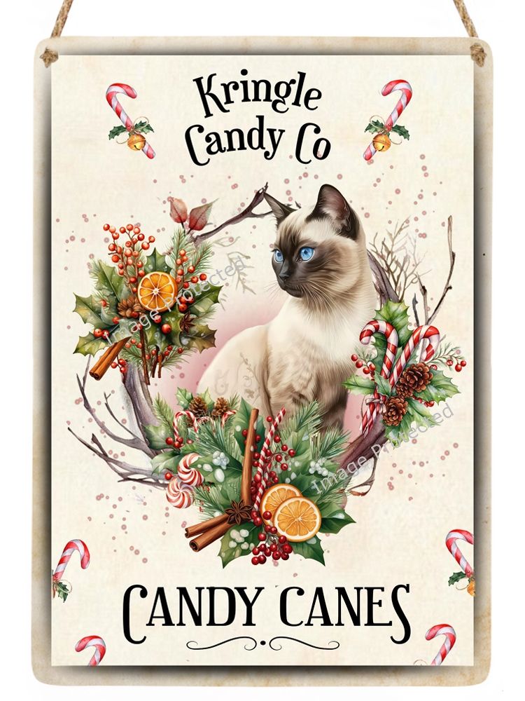 Christmas Cat Sign - Siamese Cat - Candy Canes