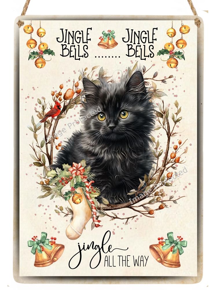 Christmas Cat Sign - Black Kitten - Jingle Bells