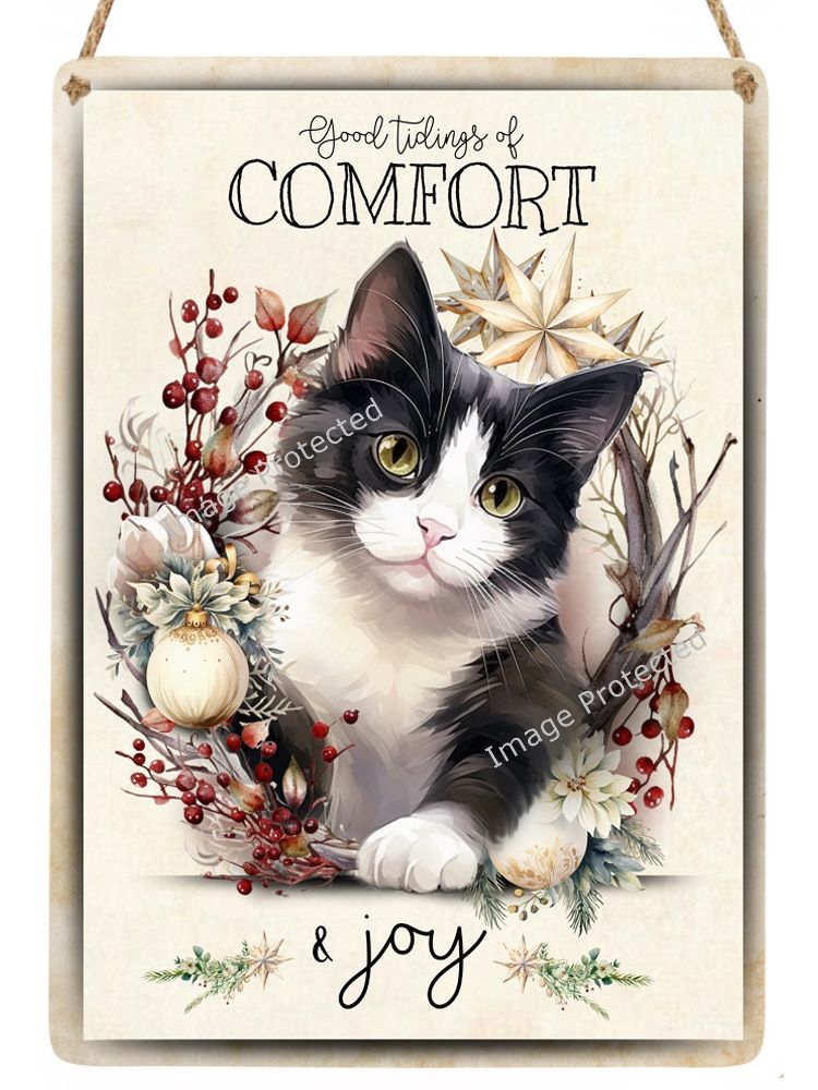 Christmas Cat Sign - Tuxedo, Black and White Cat - Christmas Comfort
