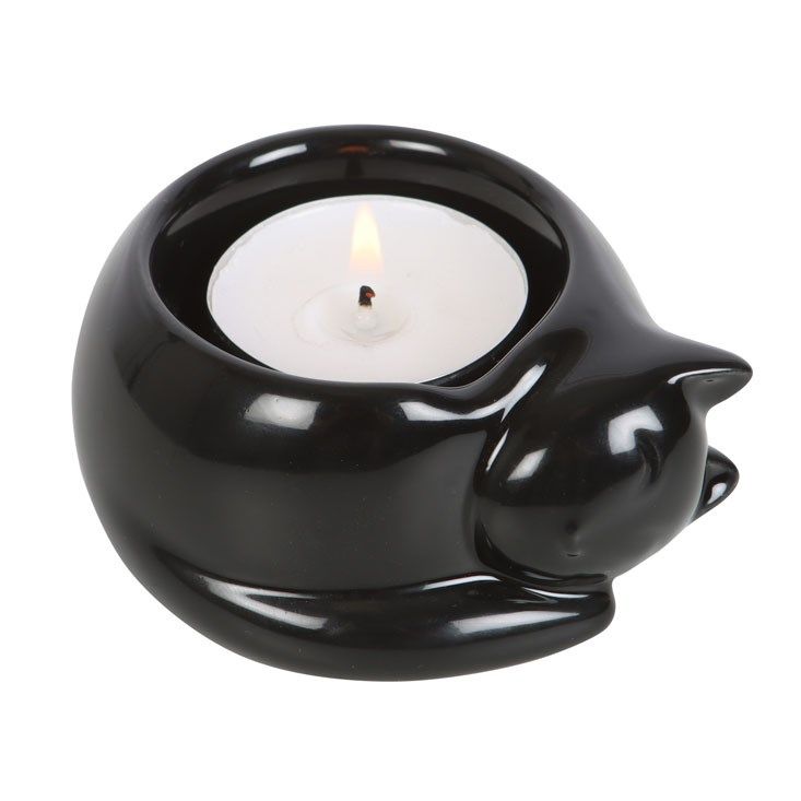 Black Cat Curled Up Candle Holder