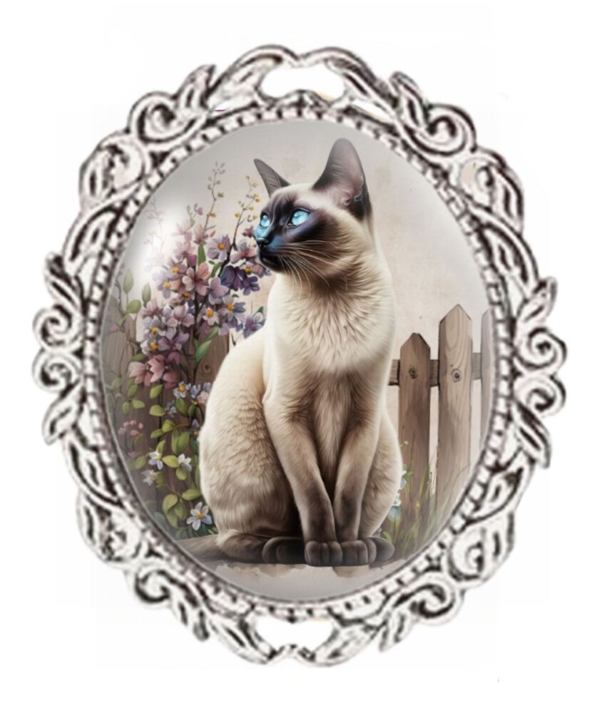 Silver Colour - Oval Glass Cabochon Brooch - Siamese cat