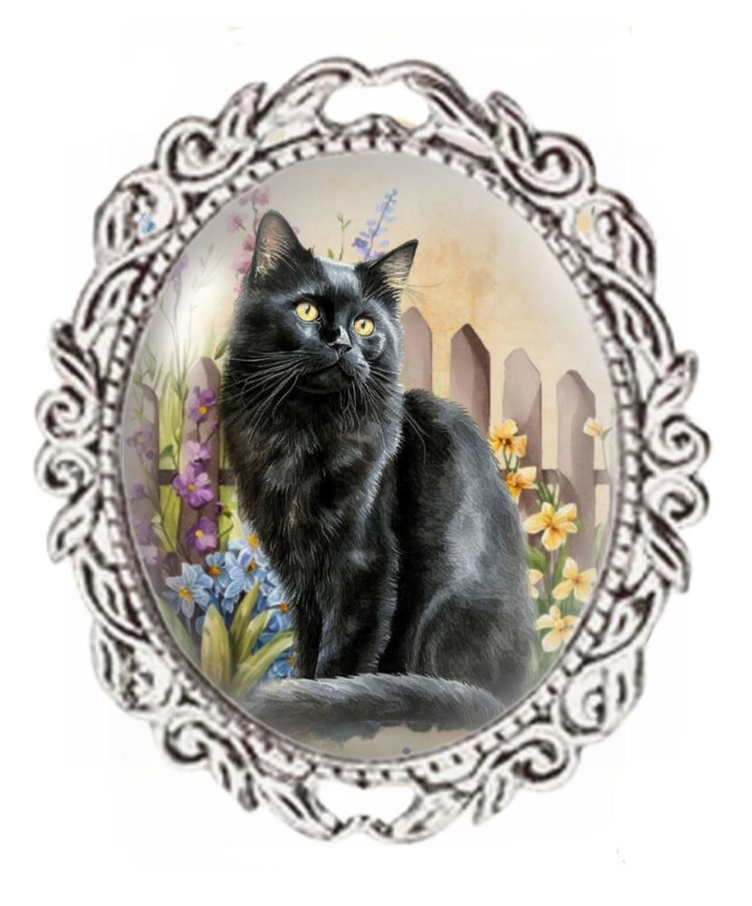Silver Colour - Oval Glass Cabochon Brooch - Black Cat Brooch