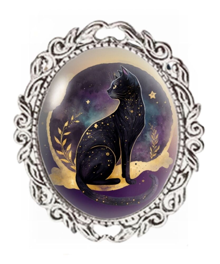 Silver Colour - Oval Glass Cabochon Brooch - Purple Moon Black Cat