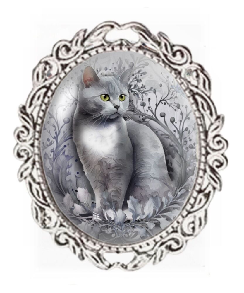 Silver Colour - Oval Glass Cabochon Brooch - Grey & White Cat