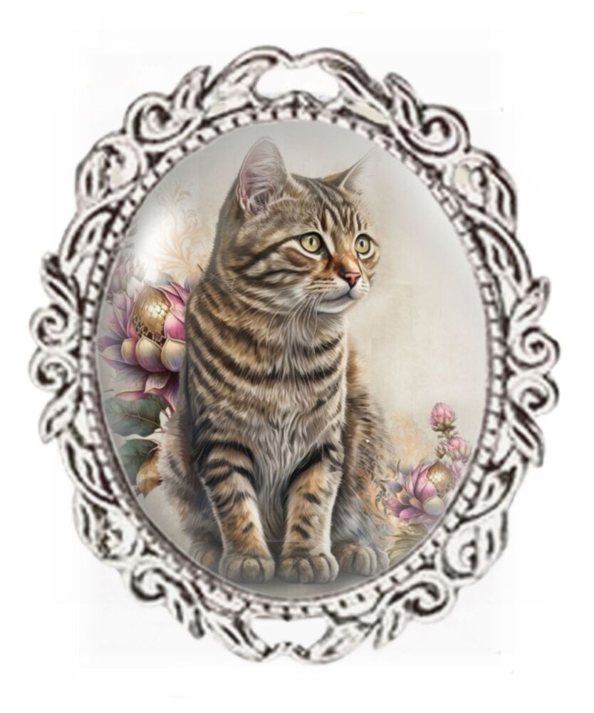 Silver Colour - Oval Glass Cabochon Brooch - Tabby Cat