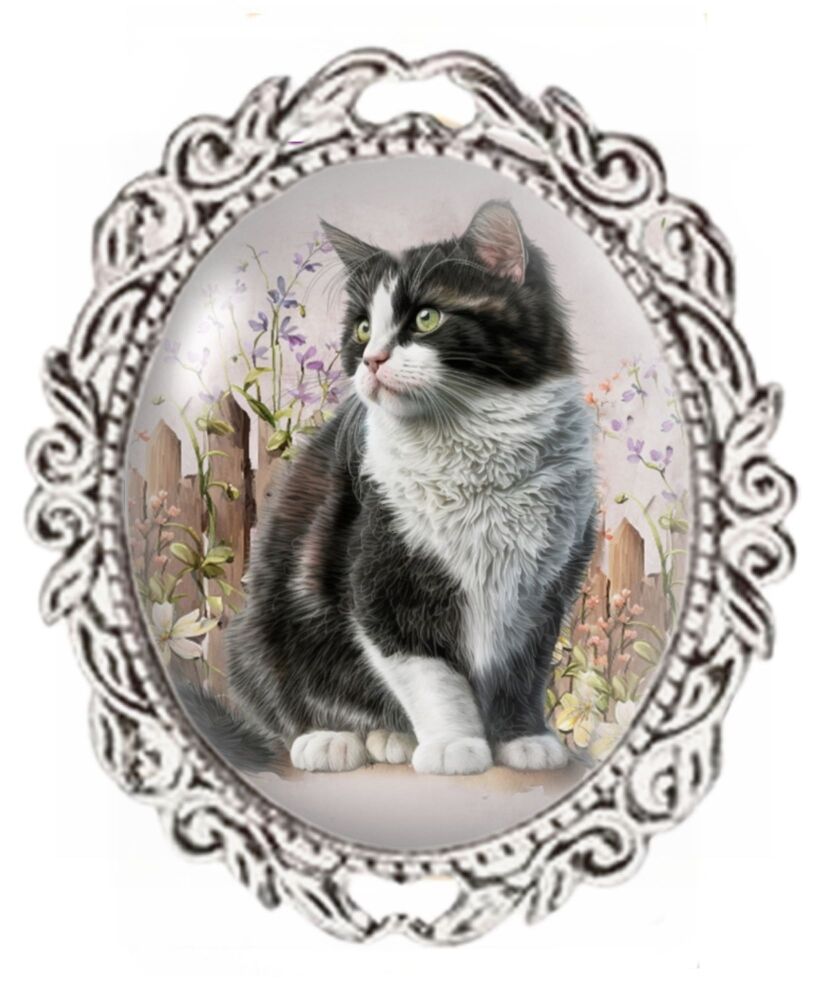 Silver Colour - Oval Glass Cabochon Brooch - Tuxedo Cat