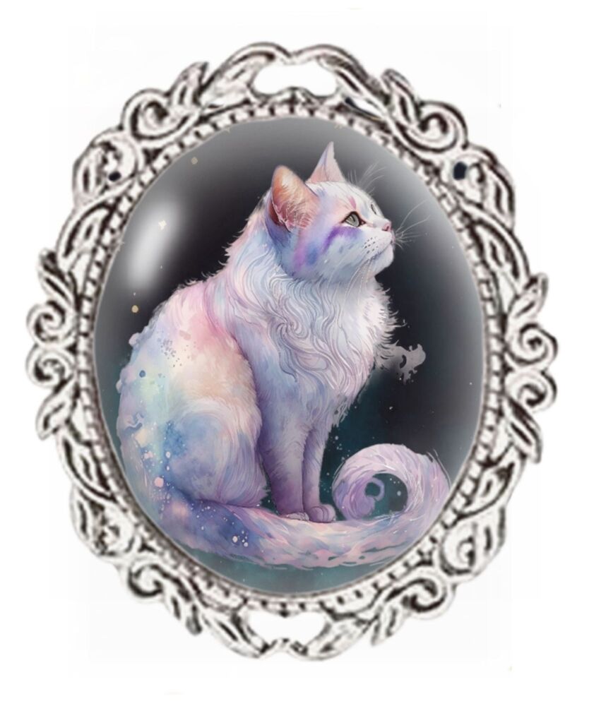 Silver Colour - Oval Glass Cabochon Brooch - White Cat