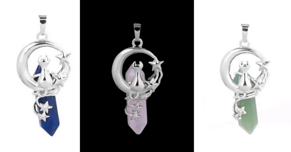 SALE = Set of 3 Cat & Moon Crystal Pendants