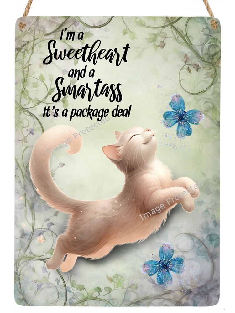 Whimsical Cats - Funny Hanging Sign - I'm a sweetheart and smart ass all in
