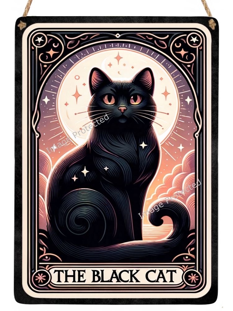 Tarot Style Card Hanging Metal Sign - The Black Cat