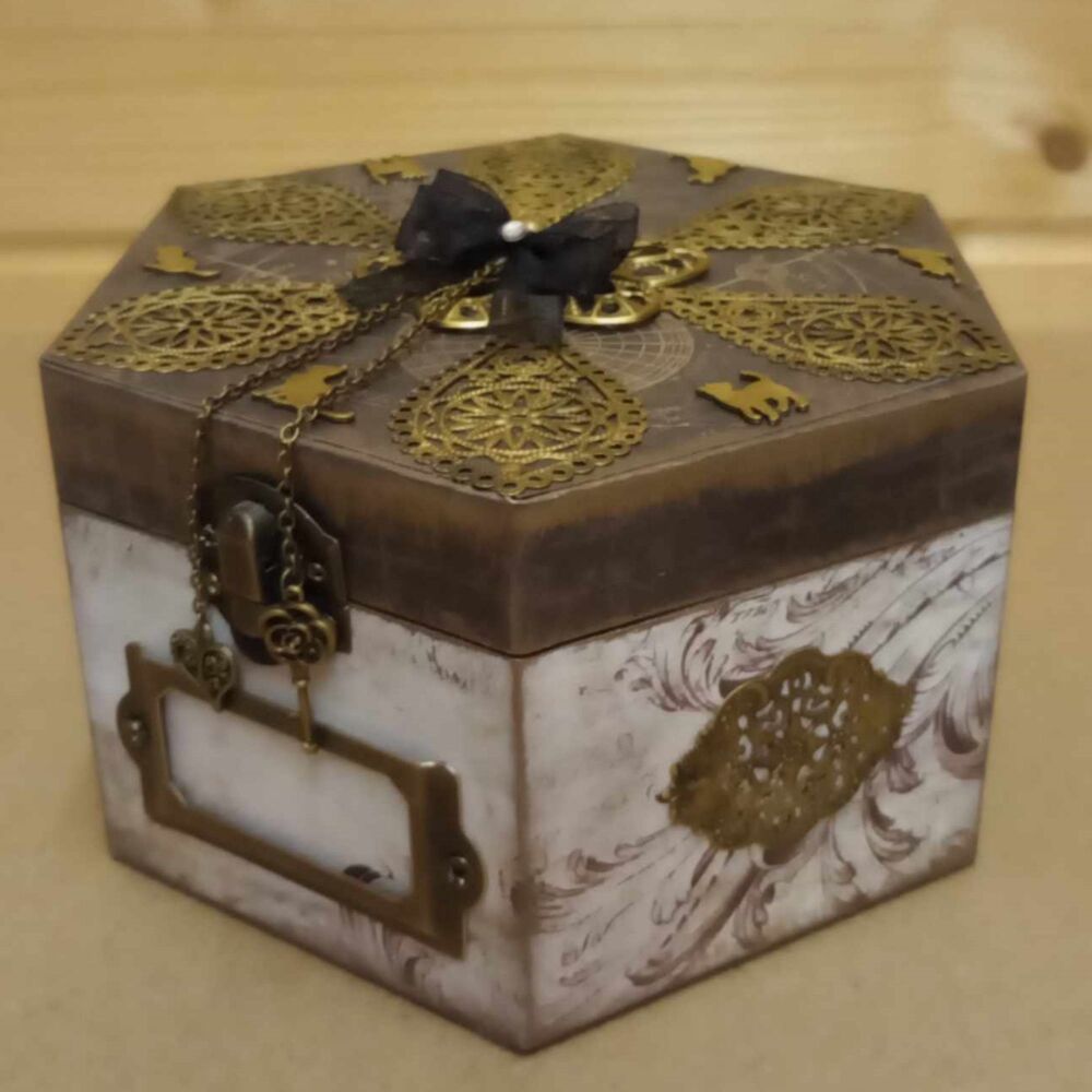 Hexagon Wood Box With Brass Name Slot & Brass Cats