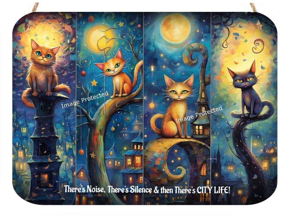 Whimsical Cats - City Life Hanging Metal Sign