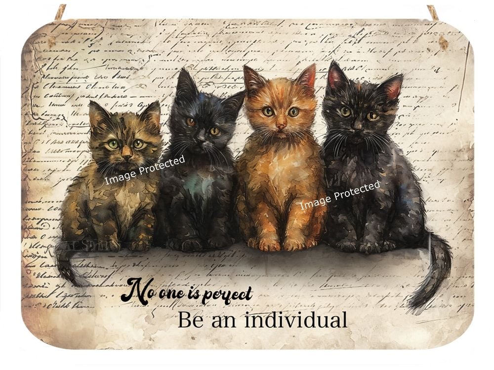 Vintage Kittens - Hanging Metal Sign - No One Is Perfect..