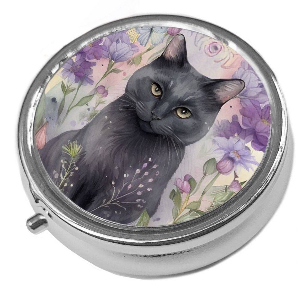 Black Cat Purple Flowers Metal Pill Box Cat Trinket Box