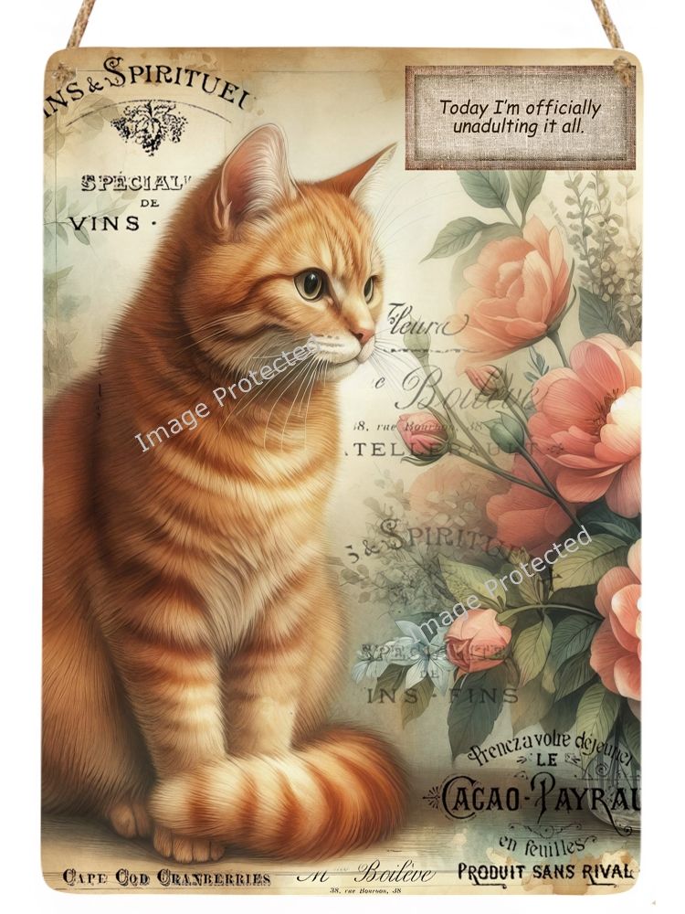 Hanging Metal Sign - Vintage Cat - Ginger Cat - "Today i am officially unadulting it all"