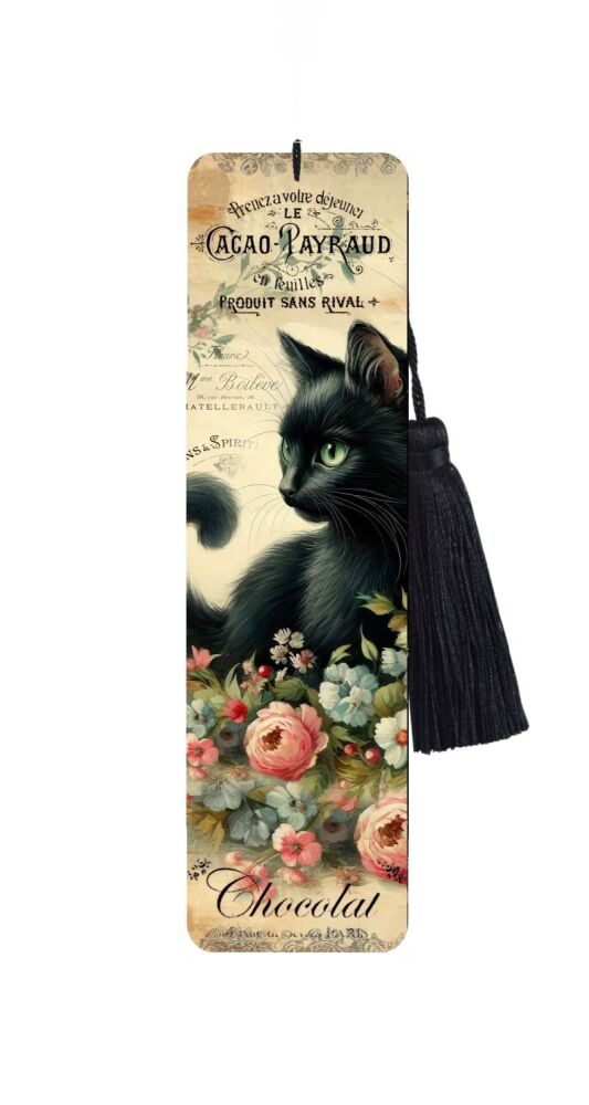 Large Metal Bookmark With Tassel - Vintage Cat - Black Cat