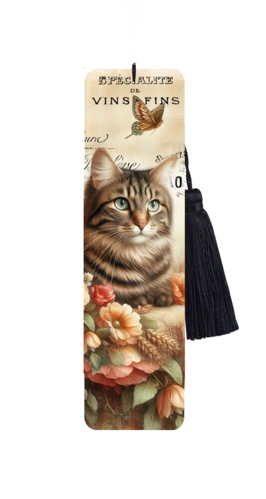 Large Metal Bookmark With Tassel - Vintage Cat - Brown Tabby Cat