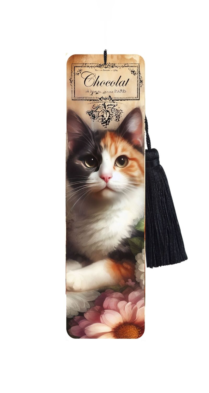 Large Metal Bookmark With Tassel - Vintage Cat - Calico