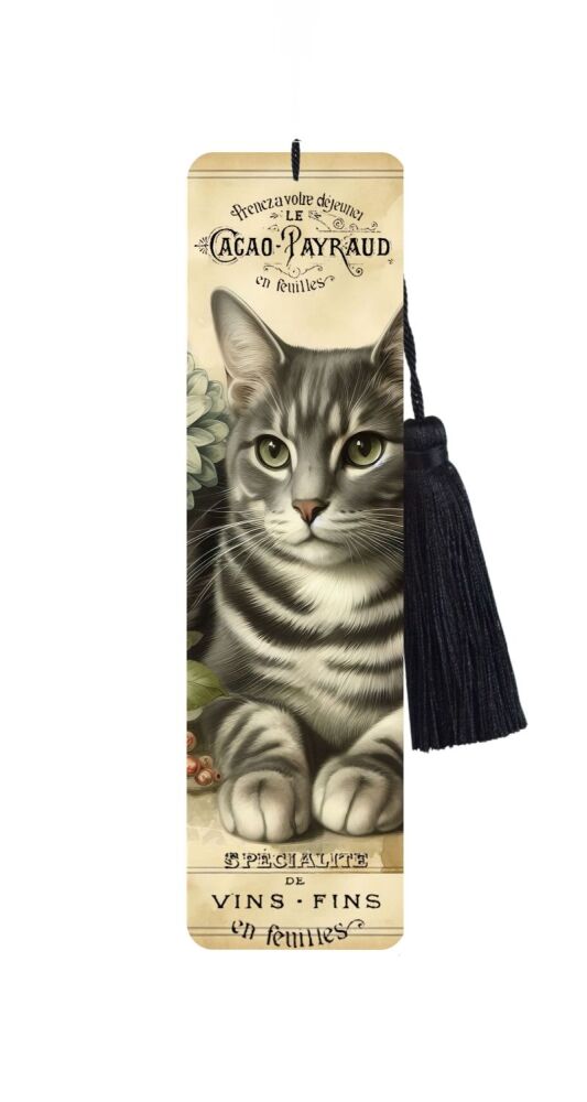 Large Metal Bookmark With Tassel - Vintage Cat - Grey Tabby Cat