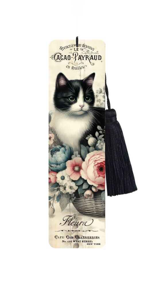 Large Metal Bookmark With Tassel - Vintage Cat - Tuxedo Cat