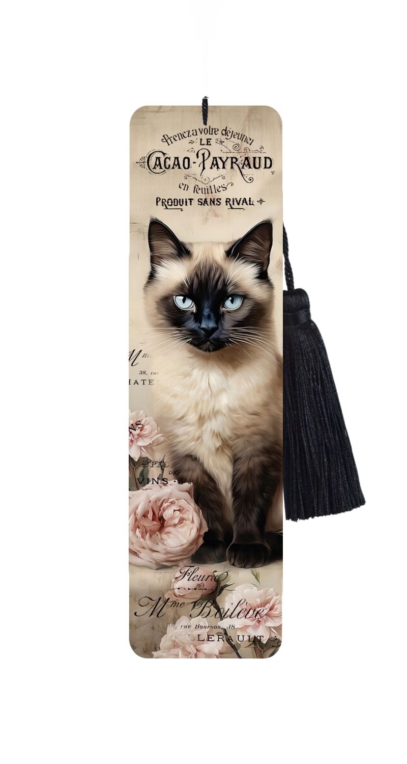 Large Metal Bookmark With Tassel - Vintage Cat - Siamese Cat