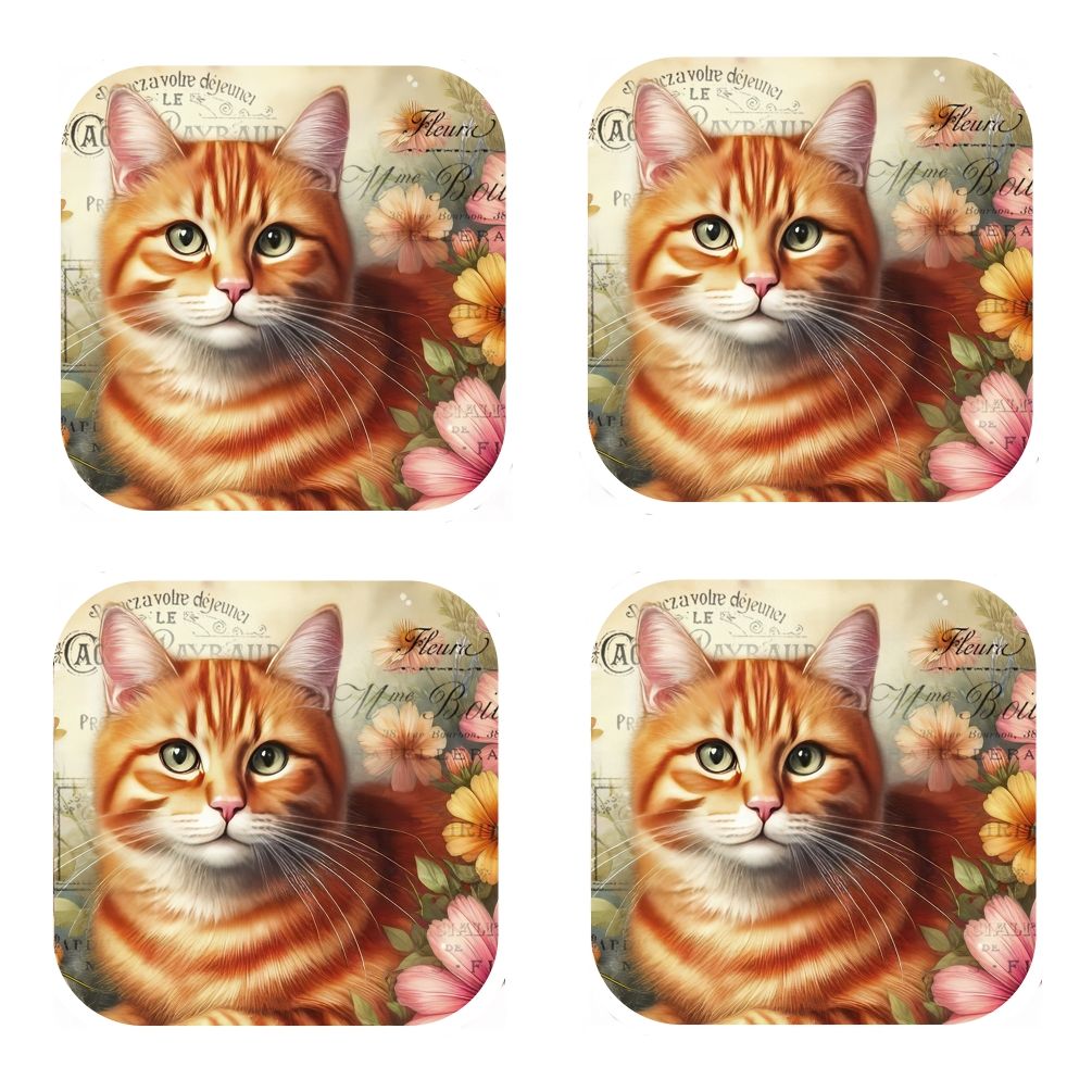 Set Of 4 - Cork Backed Coasters - Vintage Cat - Ginger