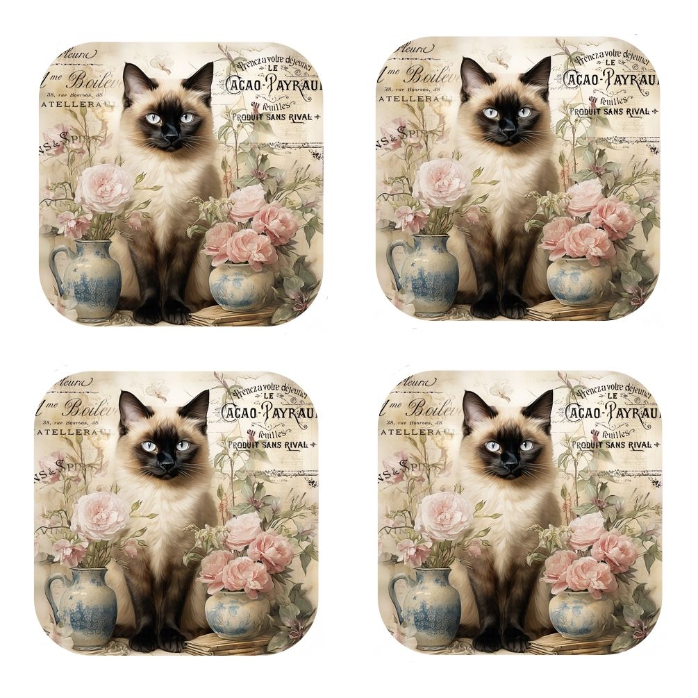 Set Of 4 - Cork Backed Coasters - Vintage Cat - Siamese