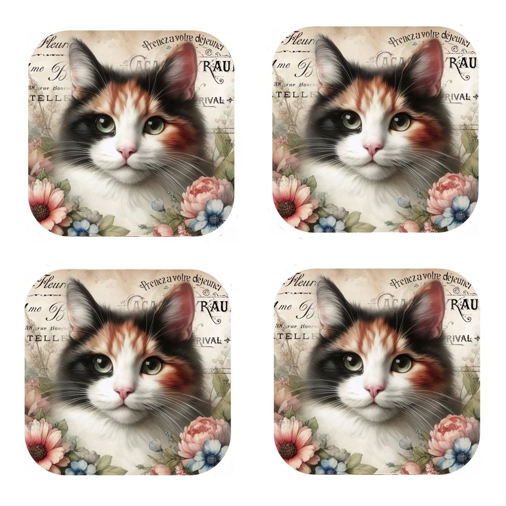 Set Of 4 - Cork Backed Coasters - Vintage Cat - Calico