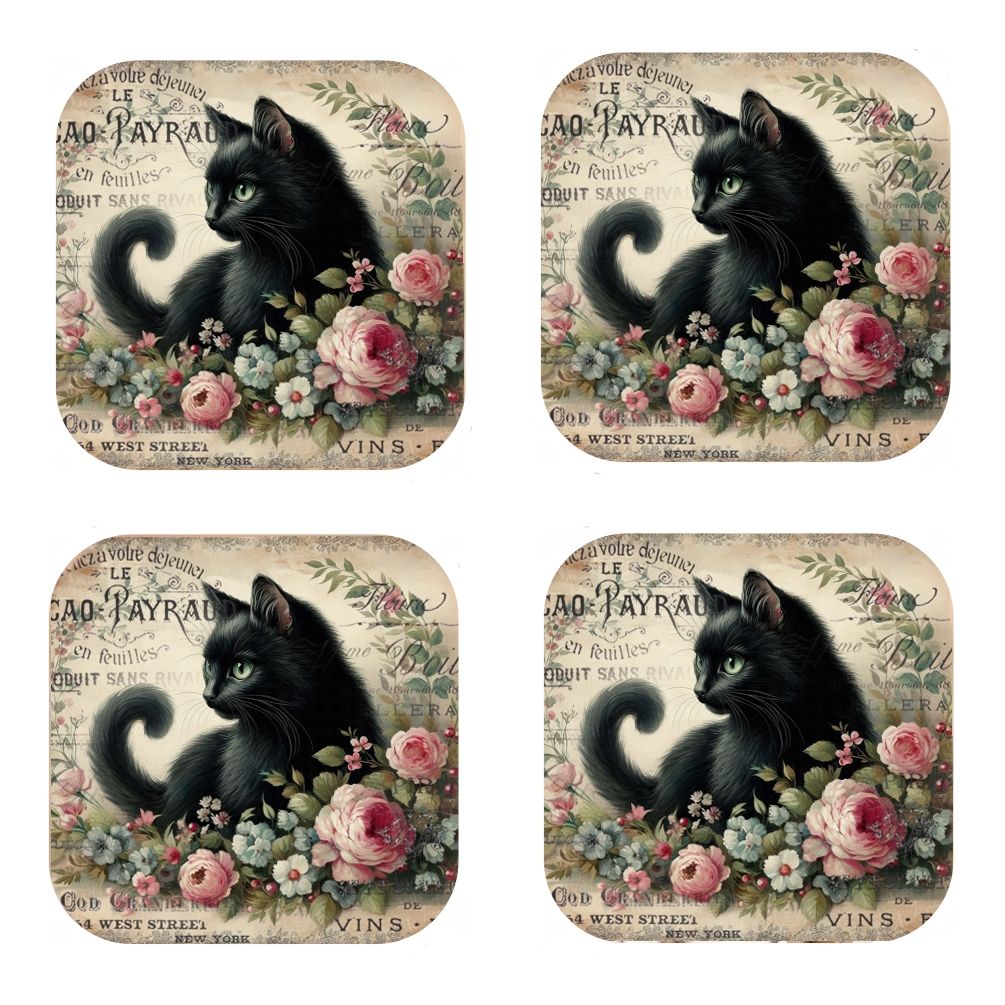 Set Of 4 - Cork Backed Coasters - Vintage Cat - Black Cat