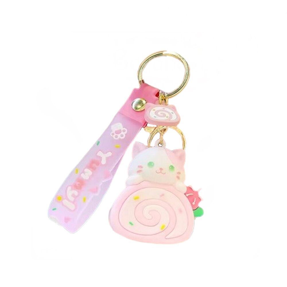 Cinnamon Roll Chunky Cat Keyring - Pink Cupcake