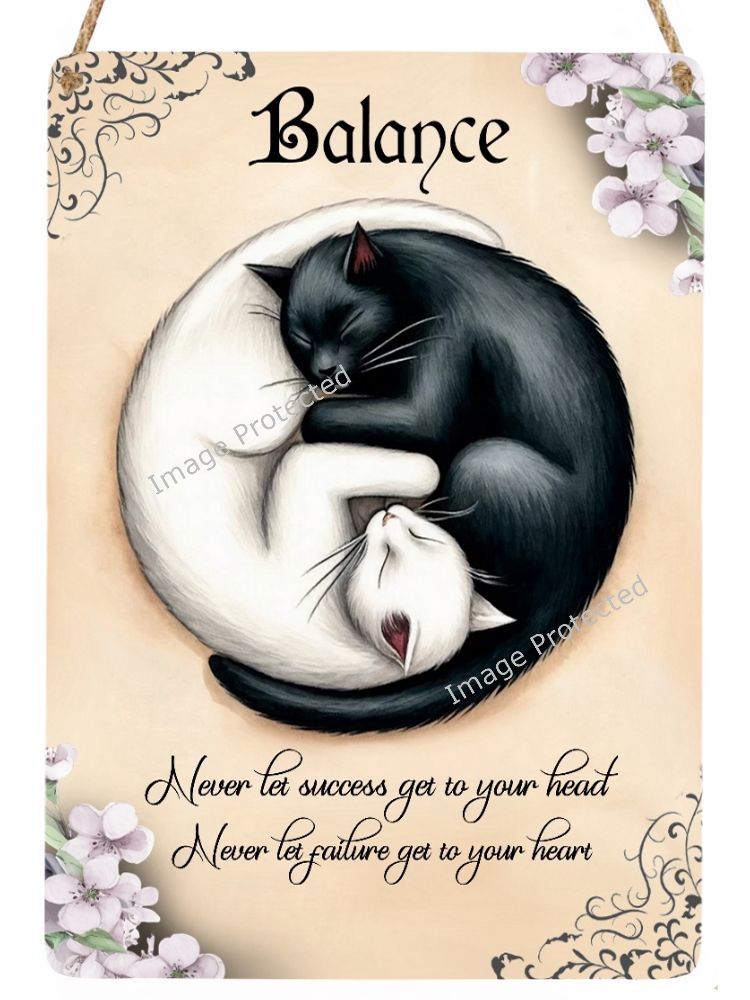 Black & White Cat Yin Tang - Balance - Hanging Metal Sign