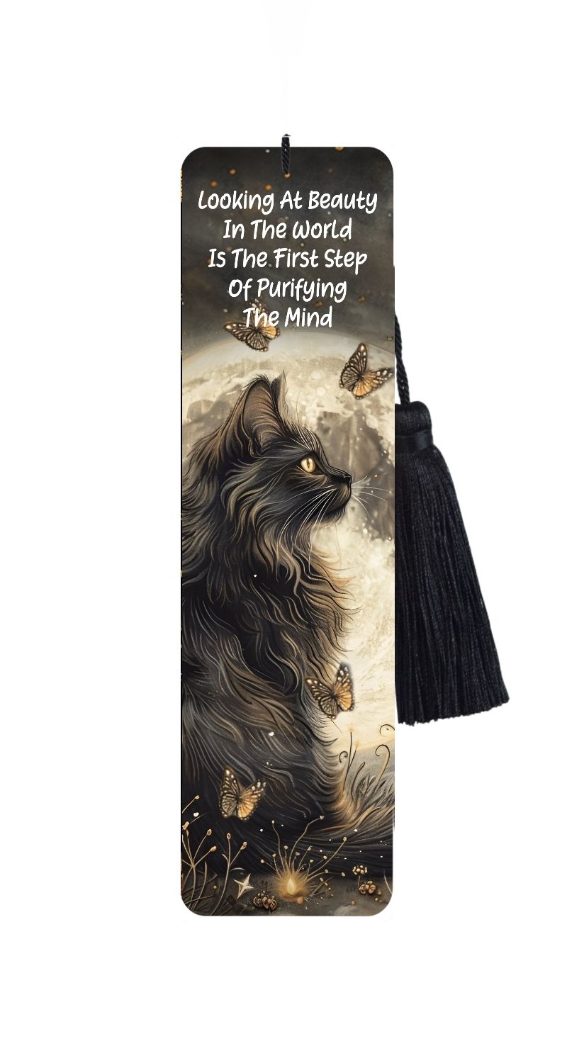 Large Metal Bookmark With Tassel - Cat & Moon - Mindfulness