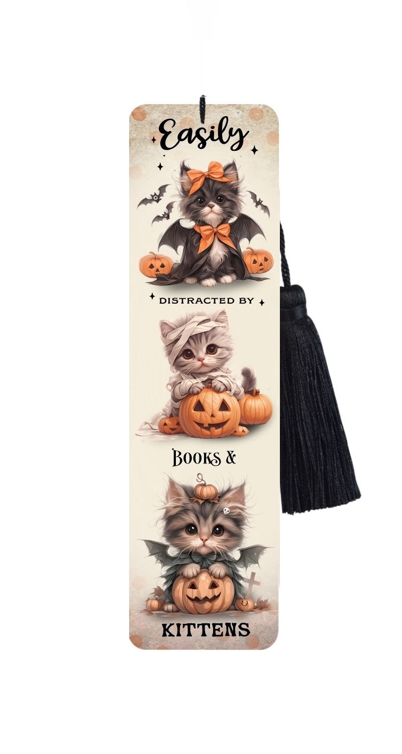 Large Metal Bookmark With Tassel - Halloween Kittens