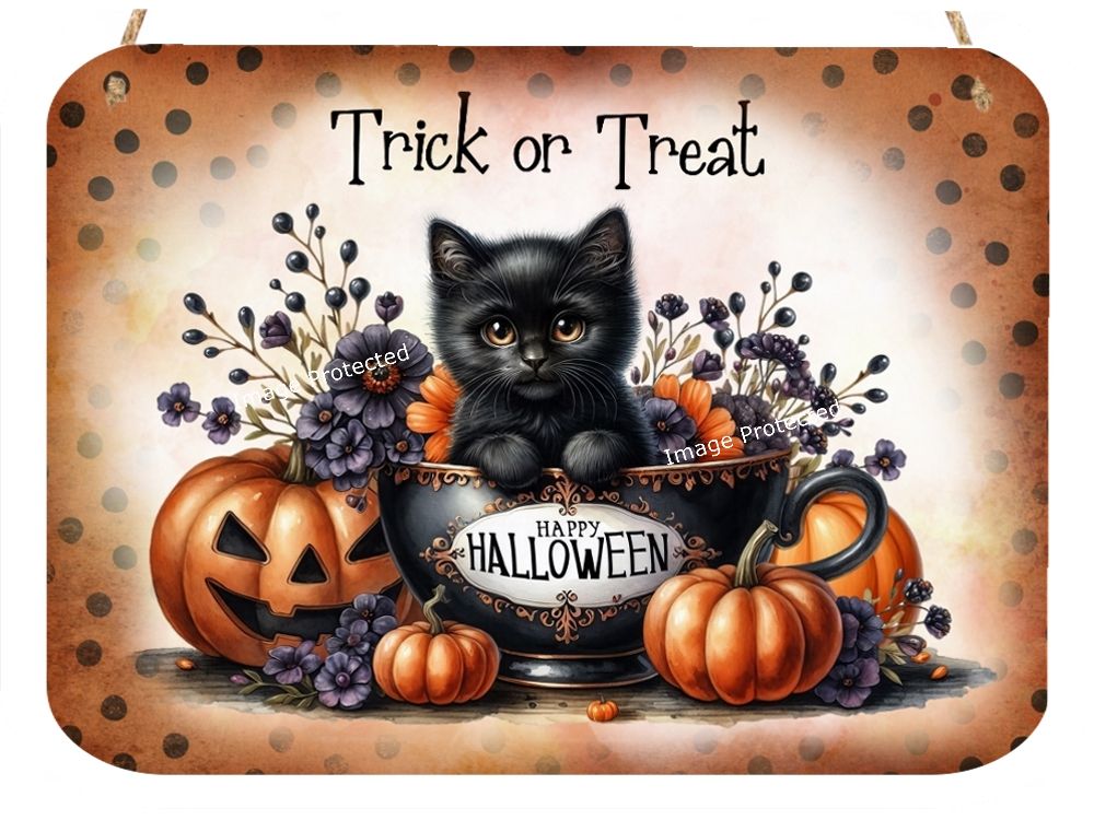 Cat Metal Sign - Trick or Treat - Black Cat