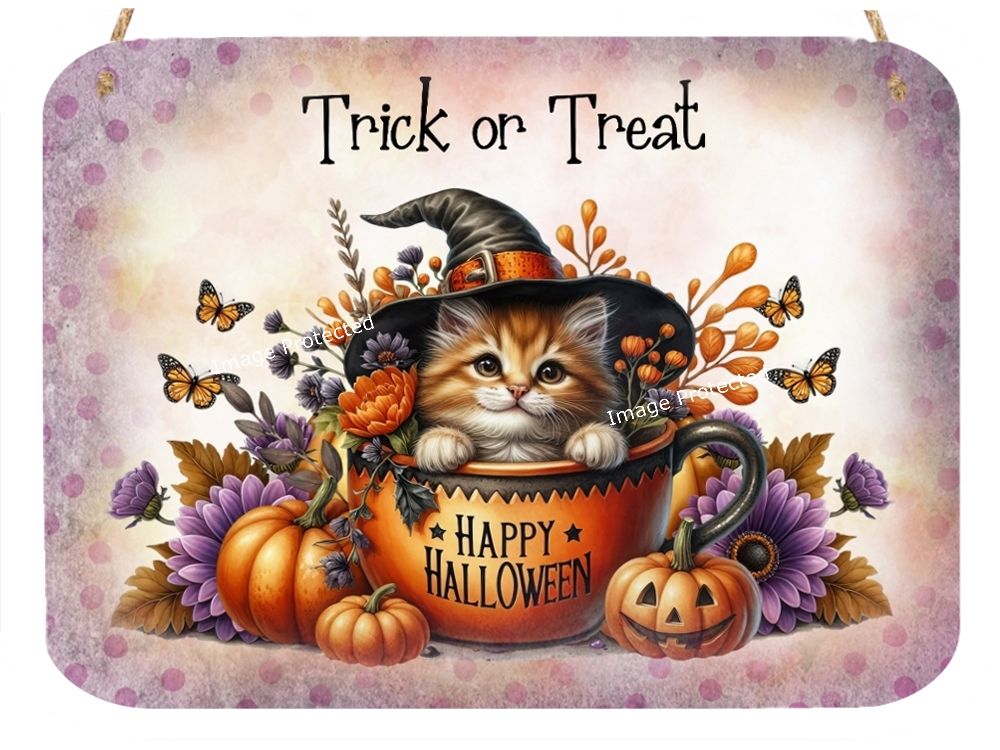 Cat Metal Sign - Trick or Treat - Ginger Kitten