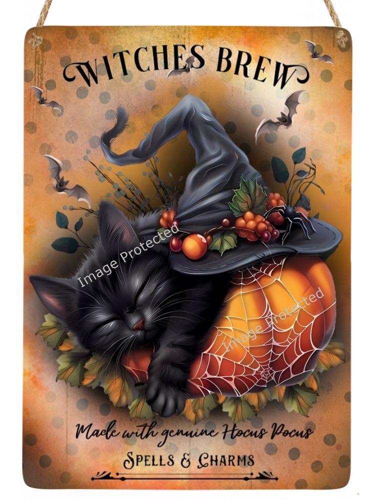 Black Cat Metal Sign - Kitten & Pumpkin - Witches Brew, Made With Hocus Pocus