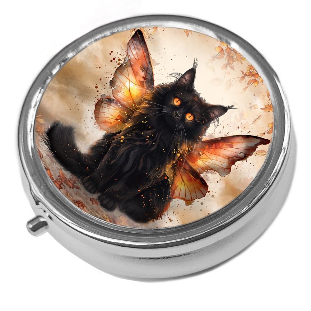 Autumn Fairy Cat - Metal Pill Box - Cat Trinket Box